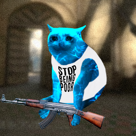 Cash Cat mascot wearing a STOP BEING POOR tank top